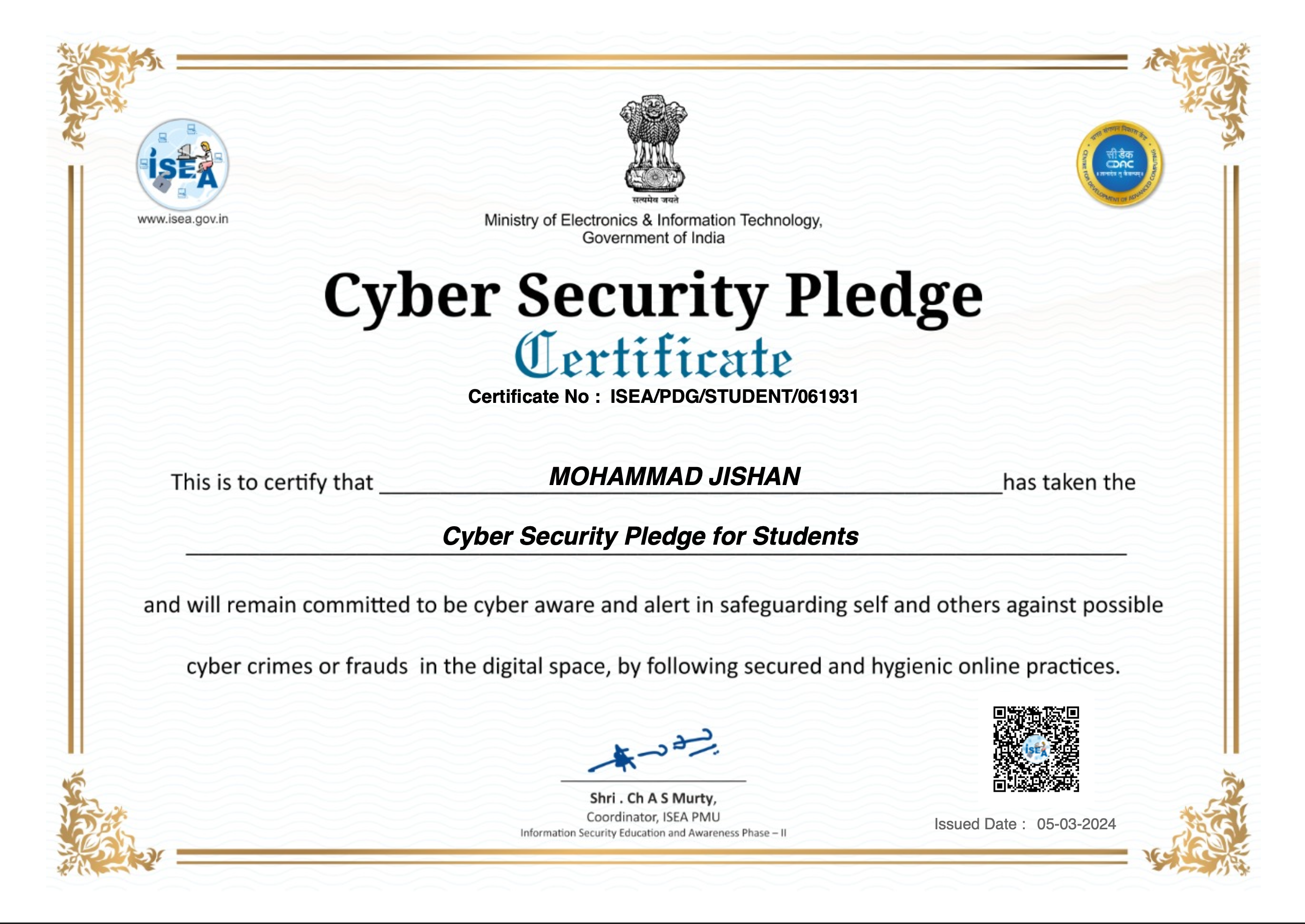 Cybersecurity Government of India Certificate